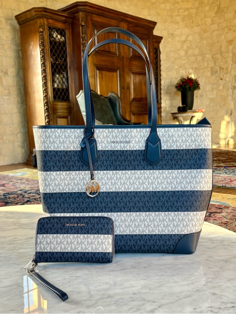 Michael Kors Navy and White Signature Stripe Tote with Matching Wallet